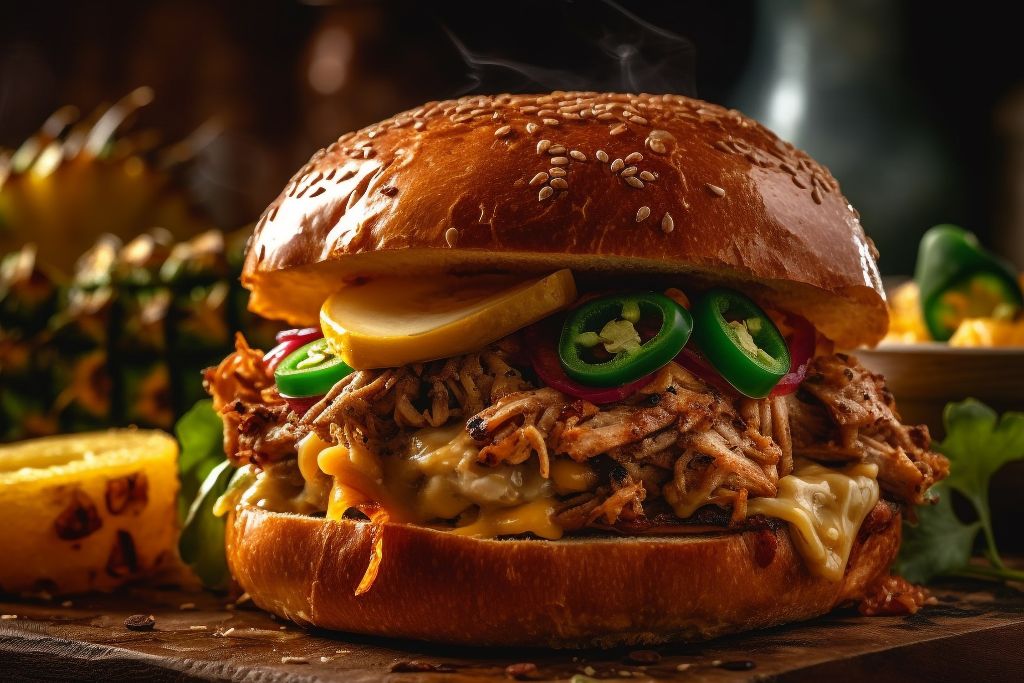 Juicy pulled chicken sandwich with melted cheese, fresh jalapeño slices, pickled onions, and lemon wedge on a sesame seed bun