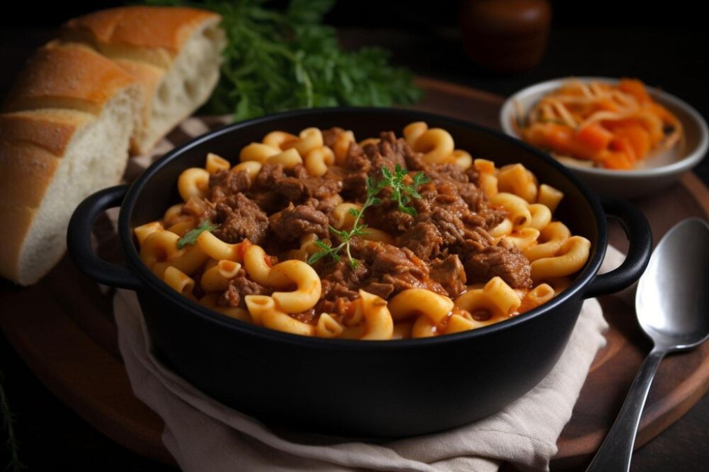 Close-up of rich ground beef simmering in tomato sauce for a hearty Beefaroni Recipe from allrecipeworld.